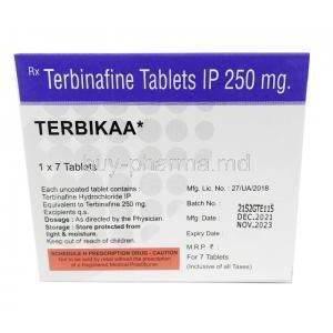 Terbikaa, Terbinafine 250 mg, Troikaa Pharmaceuticals Ltd, Box information, Dosage, Storage