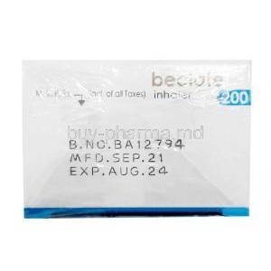 Beclate Inhaler, Beclometasone 200mcg, Inhaler 200MDI, Cipla, Box information, Mfg date, Exp date