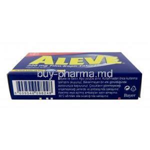 Aleve, Naproxen 220 mg, Bayer, Box bottom view