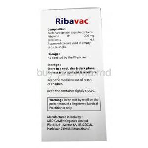 Ribavac, Ribavirin 200mg, 140caps, Medsuvac Lifesciences, Box information, Composition