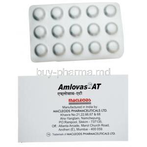 Amlovas-AT, Amlodipine 5 mg / Atenolol 50 mg, Box side view and blister pack
