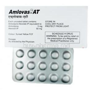 Amlovas-AT, Amlodipine 5 mg / Atenolol 50 mg, Box information and blister pack