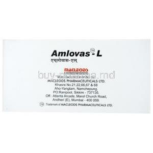 Amlovas-L, Amlodipine 5 mg / Lisinopril 5 mg, Macleods Pharmaceuticals box side view