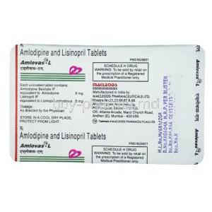 Amlovas-L, Amlodipine 5 mg / Lisinopril 5 mg, Macleods Pharmaceuticals blister pack back information