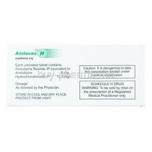 Amlovas H, Amlodipine 5 mg / Hydrochlorothiazide 12.5 mg, Macleods Pharmaceuticals box with storage, contents and caution information