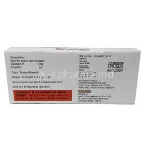 Dinomac, Dienogest 2mg,Tablet,Macleods Pharmaceuticals Pvt Ltd, Box information, Mfg date, Exp date