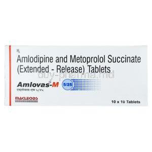 Amlovas-M,   Amlodipine 5 mg / Metoprolol Succinate 50 mg, Macleods Pharmaceuticals, box front view
