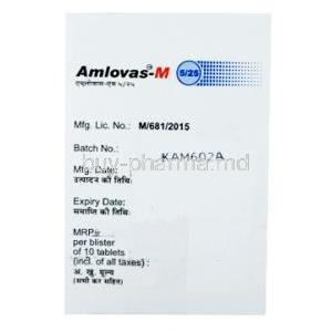 Amlovas-M, Amlodipine 5 mg / Metoprolol Succinate 50 mg, Macleods Pharmaceuticals, box side view