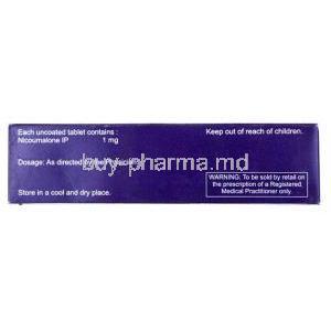 Acenomac, Acenocoumarol 1 mg, Macleods Pharmaceuticals, box side view
