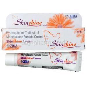 Skinshine Cream, Hydroquinone 2% w/w / Mometasone 0.1% w/w / Tretinoin 0.025% w/w, Cadila Pharmaceuticals, box and tube