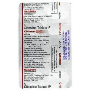 Citimac, Citicoline 500 mg, Macleods Pharmaceuticals, blister pack back information