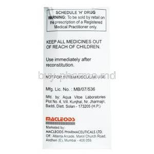 Acuclav IV Injection, Amoxycillin 1000 mg / Clavulanic Acid 200 mg, Macleods Pharmaceuticals Pvt Ltd, box back  presentation with information