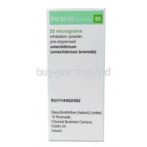 Incruse Ellipta Inhaler, Umeclidinium bromide 55mcg, Inhaler 30MD,GSK, Box information, Manufacturer