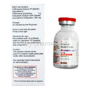 Accuzon Injection, Ceftriaxone 1.5g, Macleods Pharmaceuticals Pvt Ltd, box and vial back presentation