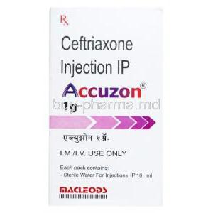 Accuzon Injection, Ceftriaxone 1g, Macleods Pharmaceuticals Pvt Ltd, box front presentation