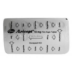 Aricept, Donepezil 10mg, Pfizer, Blisterpack back view