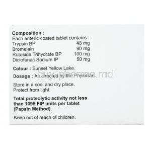 Actiheal D, Trypsin 48 mg / Bromelain 90 mg / Rutoside 100 mg / Diclofenac 50 mg, Macleods Pharmaceuticals Pvt Ltd, box back presentation with information