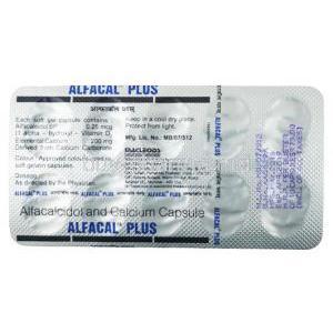 Alfacal Plus, Alfacalcidol 0.25mcg/ Calcium 200mg, Capsule, Macleods Pharmaceuticals Pvt Ltd, blister pack back presentation