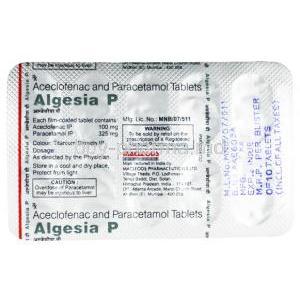 Algesia P, Aceclofenac 100mg/ Paracetamol 325mg, Macleods Pharmaceuticals Pvt Ltd, blister pack  back presentation