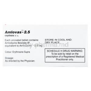 Amlovas, Amlodipine 2.5mg Tablet, Macleods Pharmaceuticals Pvt Ltd, box side presentation