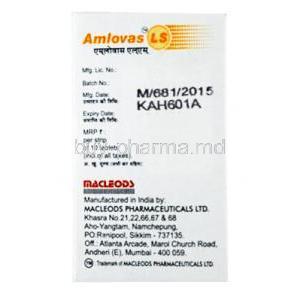 Amlovas LS, Losartan 50mg/ Amlodipine 5mg, Macleods Pharmaceuticals Pvt Ltd, box side presentation