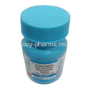 Taficita,Emtricitabine 200mg, Tenofovir 25mg, 30tabs, Mylan, Bottle front view