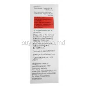 Flixonase Nasal Spray, Fluticasone 50 mcg, Nasal Spray 120 MD,GSK, Box information, Caution