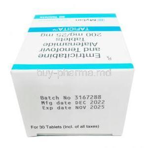 Taficita,Emtricitabine 200mg, Tenofovir 25mg, 30tabs, Mylan, Box information, Mfg date, Exp date