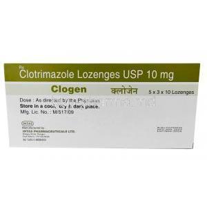 Clogen Lozenges, Clotrimazole 10mg, Lozenges, Intas Pharma, Box information, Mfg date, exp date