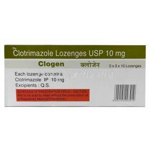 Clogen Lozenges, Clotrimazole 10mg, Lozenges, Intas Pharma, Box information, Caution