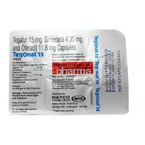 Tegonat,Tegafur 15mg, Gimeracil 4.35mg, Oteracil 11.8mg, 7 capsules, Natco Pharma, Blisterpack information