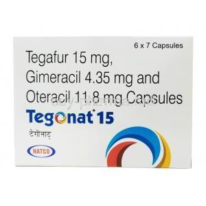 Tegonat,Tegafur 15mg, Gimeracil 4.35mg, Oteracil 11.8mg, 7 capsules, Natco Pharma, Box front view