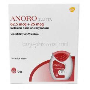 ANORO Ellipta inhaler, Umeclidinium 62.5 mcg / Vilanterol 25 mcg, Inhaler 30 dose, GSK,　Box front view