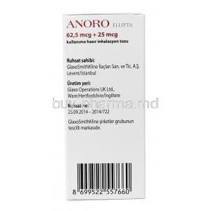ANORO Ellipta inhaler, Umeclidinium 62.5 mcg / Vilanterol 25 mcg, Inhaler 30 dose, GSK,Box information,,Manufacturer
