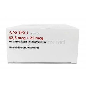 ANORO Ellipta inhaler, Umeclidinium 62.5 mcg / Vilanterol 25 mcg, Inhaler 30 dose, GSK, Box top view
