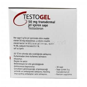 Testogel, Testosterone 50mg, 30 Sachets (5g), Besins International, Box information, Caution