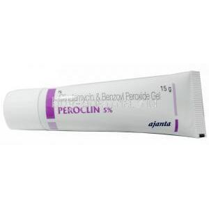 Peroclin Gel, Clindamycin 1% ww, Benzoyl Peroxide 5% ww,Gel 15g, Ajanta Pharma, Tube front view