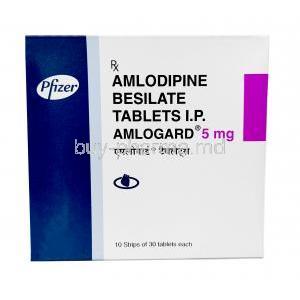 Amlogard, Amlodipine 5mg, Pfizer, Box front view