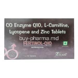 FERTINOL Q10,Coenzyme Q10 25 mg, L-Carnitine 250 mg, Lycopene 5000 mcg, Zinc 12 mg, Knoll Heathcare Pvt Ltd, Box front view