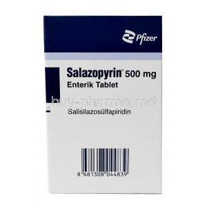 Salazopyrin, Sulfasalazine (Salazosulfapyridine) 500mg, Pfizer, Box back view
