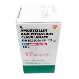 Augmentin IV, Amoxycillin 1 g, Clavulanic Acid 200 mg, Vial, GSK, Box side view