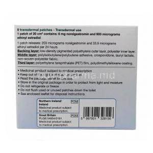 Evra Patches,Norelgestromin 6mg/ Ethinyl estradiol 600mcg, 9 Patches,Gedeon Richter Plc, Box  back view, information