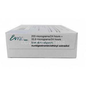 Evra Patches,Norelgestromin 6mg/ Ethinyl estradiol 600mcg, 9 Patches,Gedeon Richter Plc, Box side view