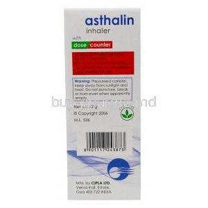 Asthalin Inhaler CFC Free, Salbutamol 100mcg,Inhaler 200 MD, Box information, Warning