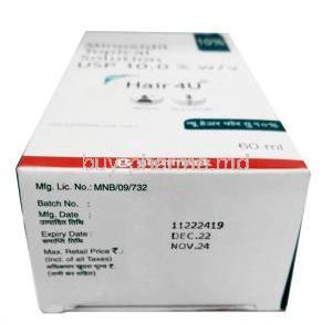 Hair4U, Minoxidil Topical Solution USP 10.0% 60ml, Box information, Mfg date, Exp date
