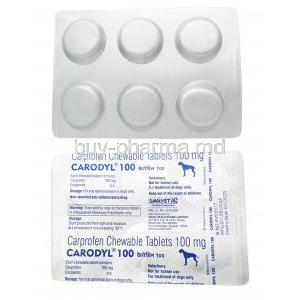 Carodyl 100, Carprofen 100 mg, 6 tablets, Sava Vet, Blisterpack front, back view