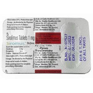 Siromus, Sirolimus(Rapamycin) 1mg, Zydus Cadila,Blisterpack information