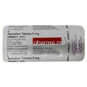 Apiban, Apixaban 5mg, MSN Laboratories, Blisterpack information