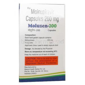 Moluzen, Molnupiravir 200 mg, 40capsules, Xenon Pharmaceuticals, Box information, Caution