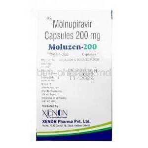 Moluzen, Molnupiravir 200 mg, 40capsules, Xenon Pharmaceuticals, Box information, Mfg date, Exp date